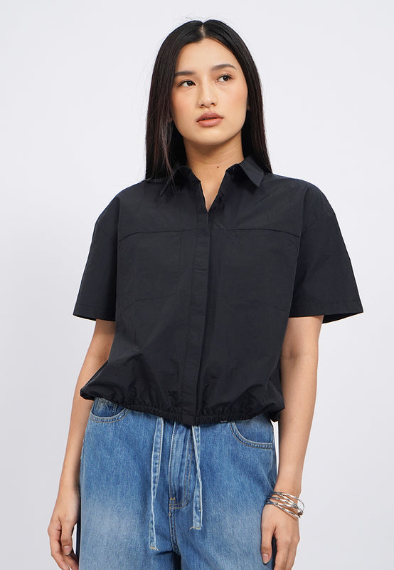 Drawstring Hem Short Sleeve Blouse