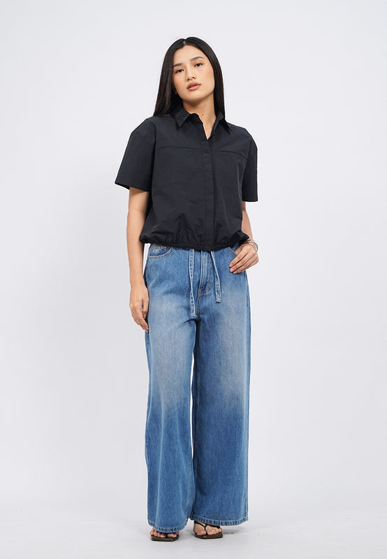 Drawstring Hem Short Sleeve Blouse