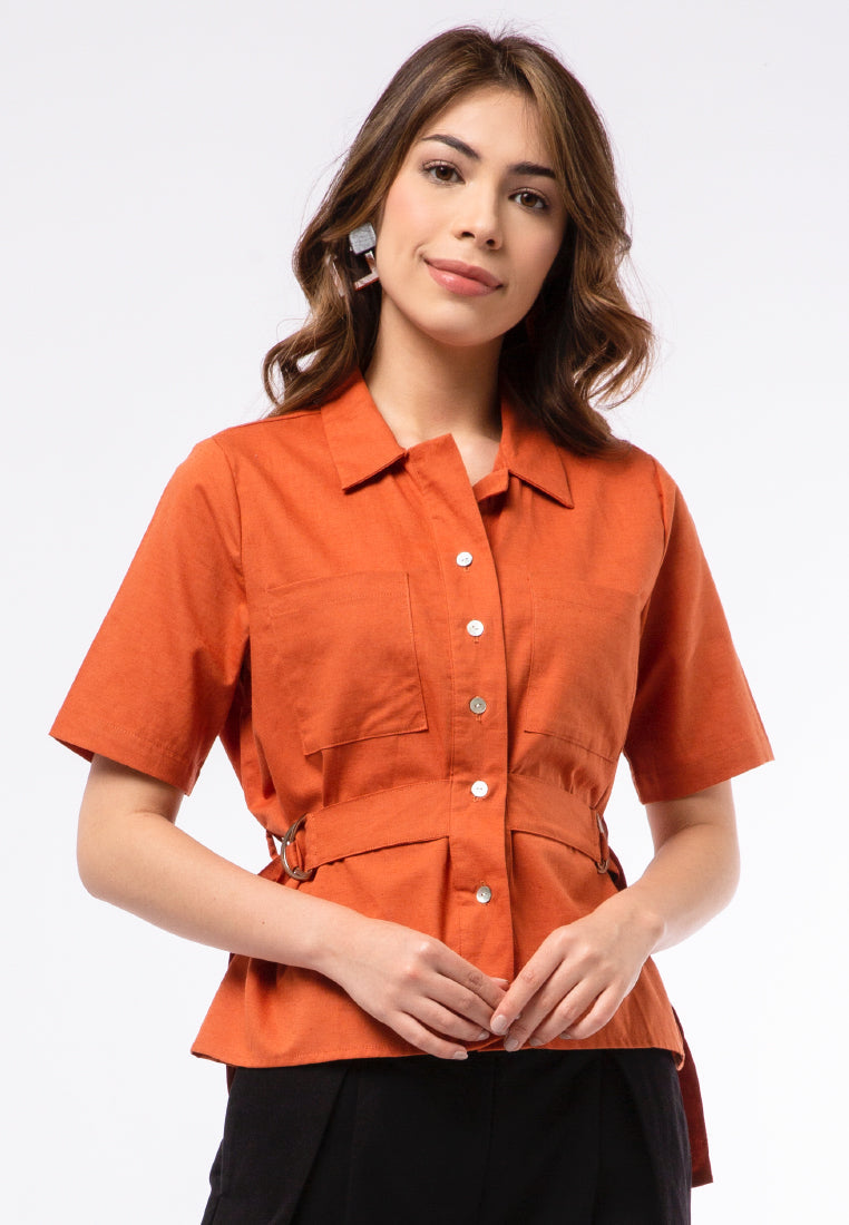 Short Sleeve Blouse with Waist Strap