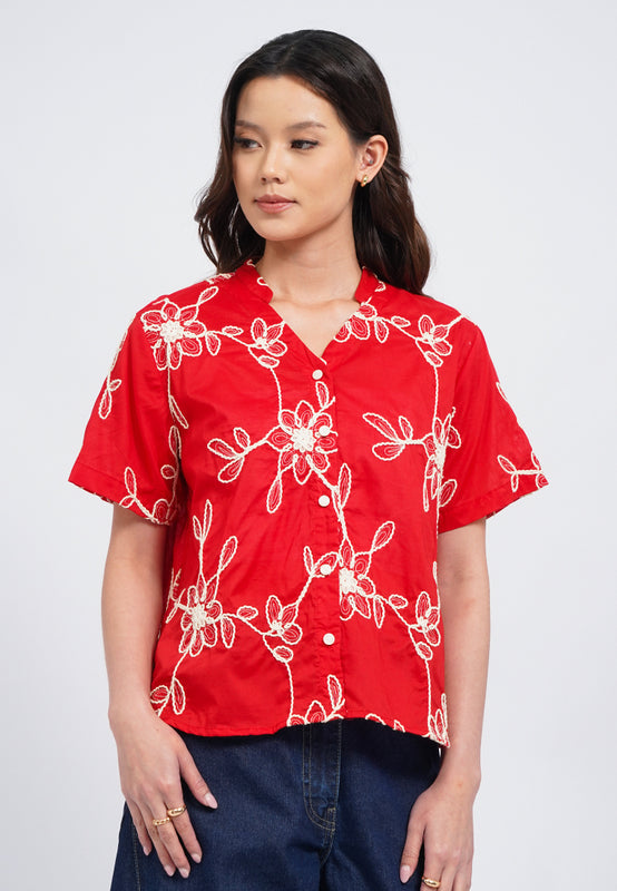 V-Neck Blouse with Contrast Embroidery