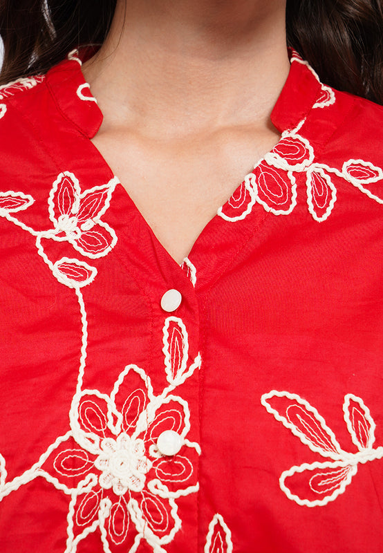 V-Neck Blouse with Contrast Embroidery