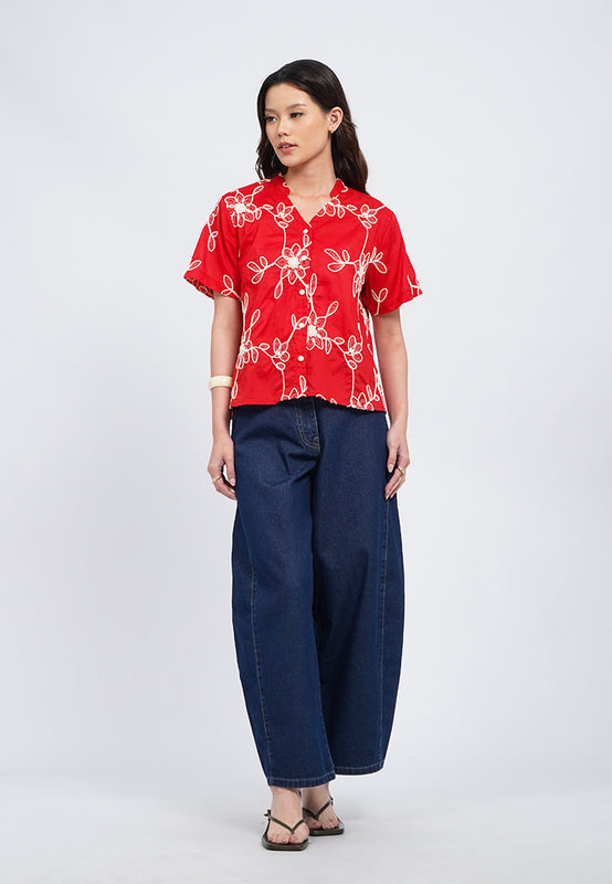 V-Neck Blouse with Contrast Embroidery