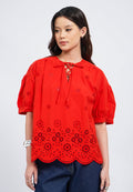 Puff Sleeve Eyelet Blouse with Front Tie