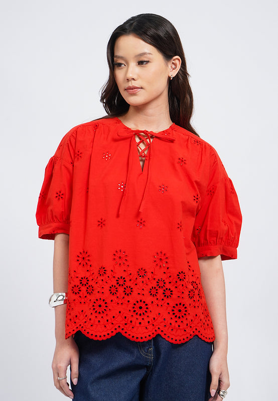 Puff Sleeve Eyelet Blouse with Front Tie