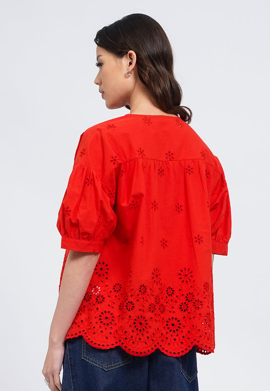 Puff Sleeve Eyelet Blouse with Front Tie