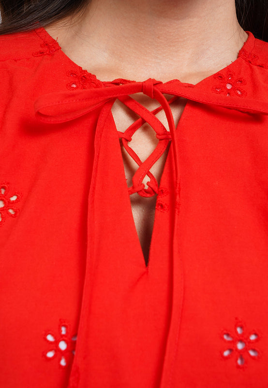 Puff Sleeve Eyelet Blouse with Front Tie
