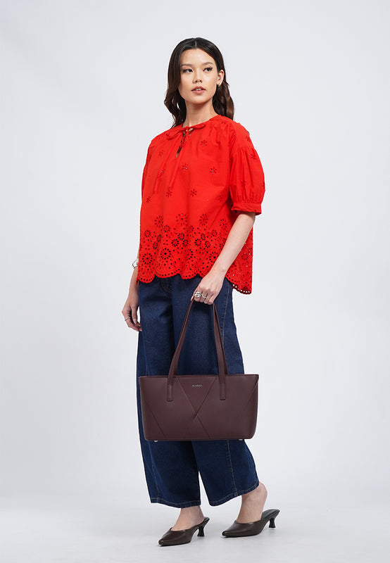 Puff Sleeve Eyelet Blouse with Front Tie
