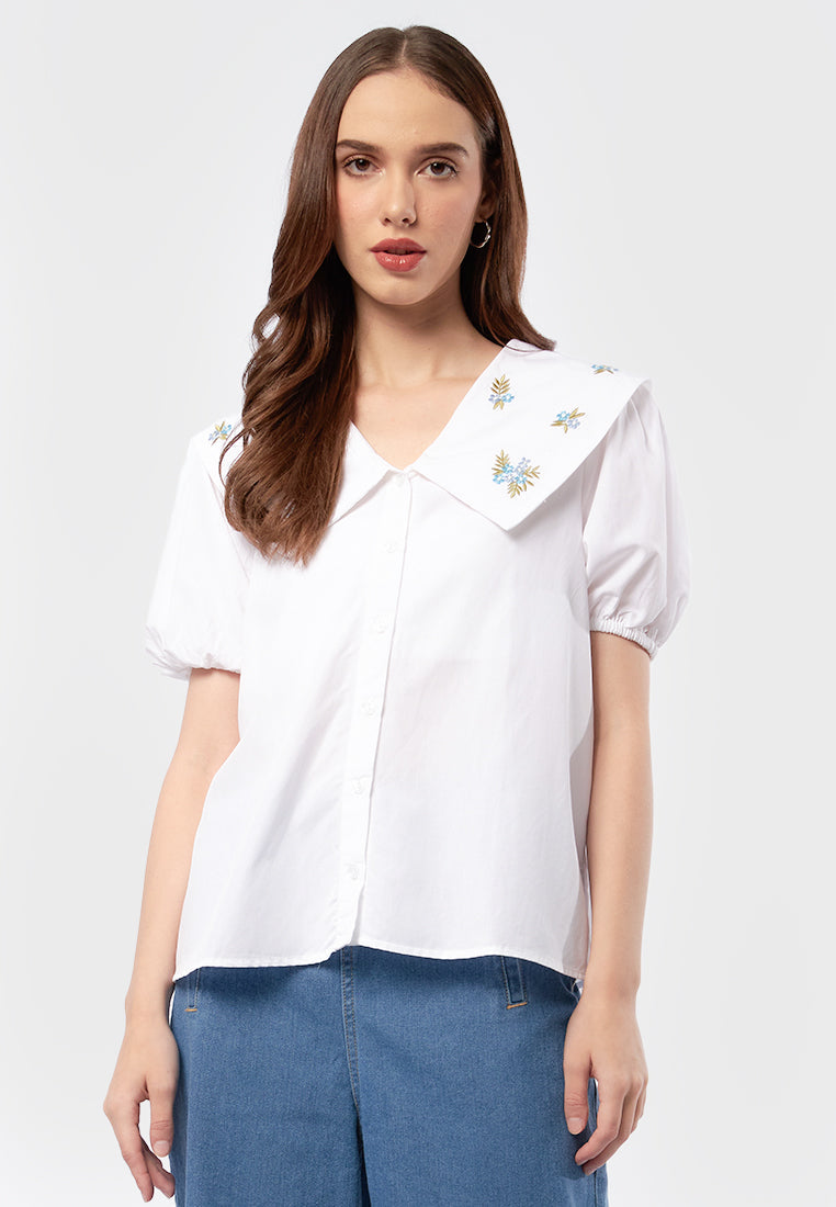 Puff Sleeve Blouse with Embroidered Big Collar