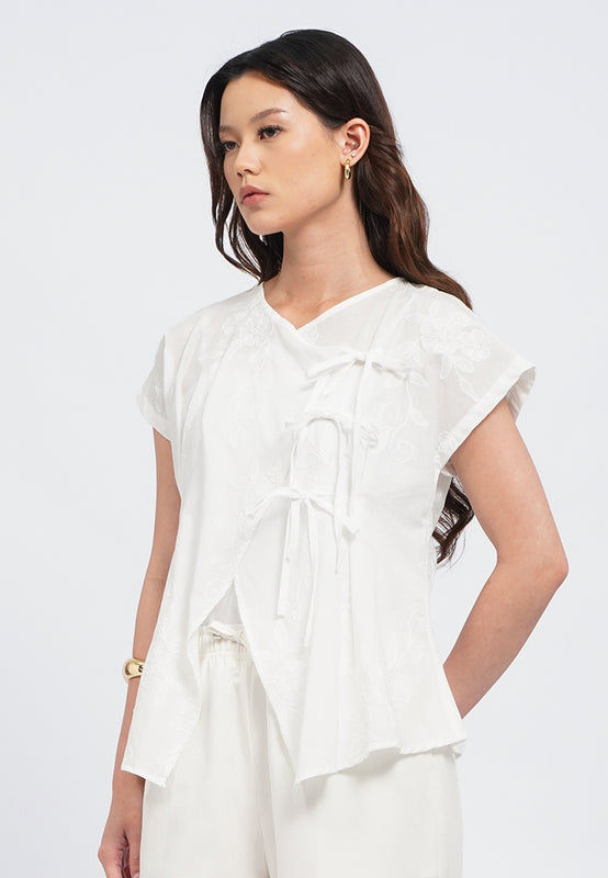 Embroidery Short Sleeve Wrap Blouse
