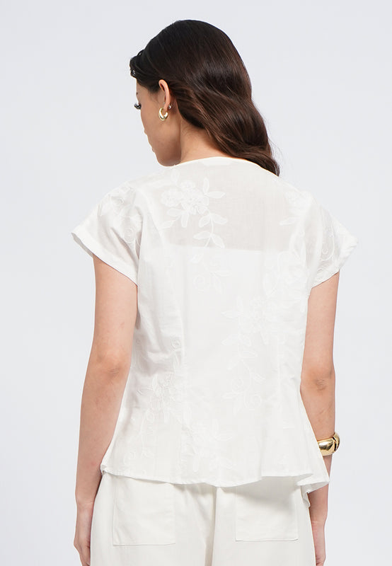 Embroidery Short Sleeve Wrap Blouse