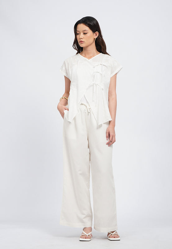 Embroidery Short Sleeve Wrap Blouse