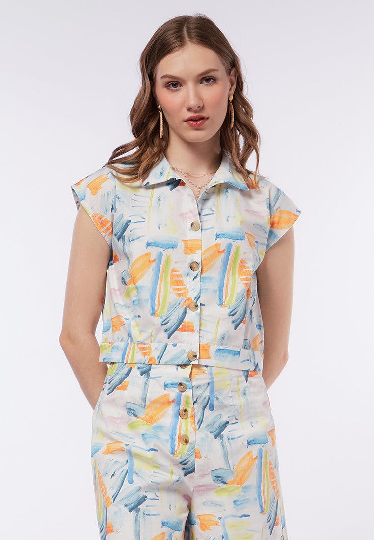 Printed Short Sleeve Crop Blouse