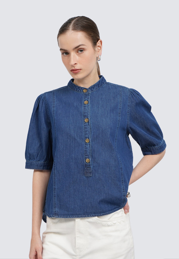 Mandarin Collar Chambray Blouse