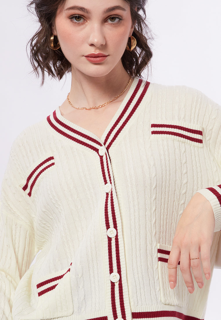 Contrast Stripe Cable Knit Cardigan