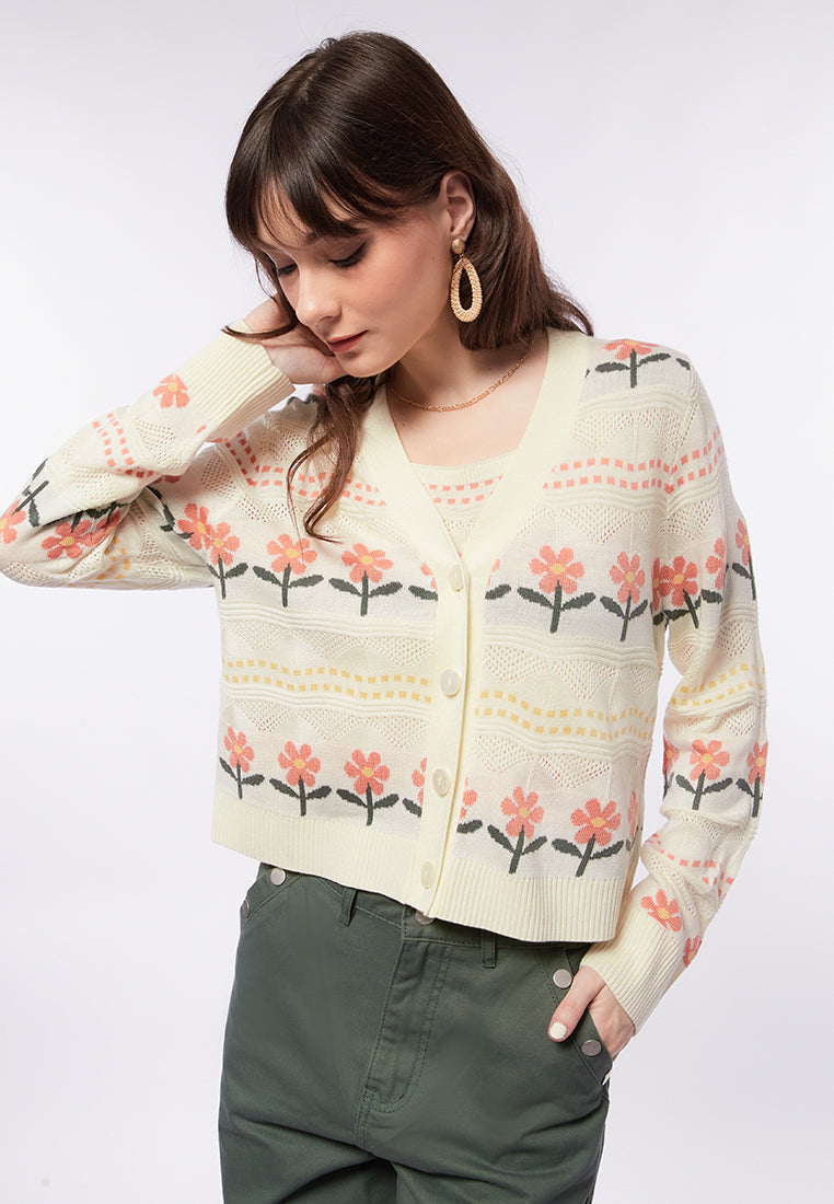 V-Neck Printed Knit Cardigan