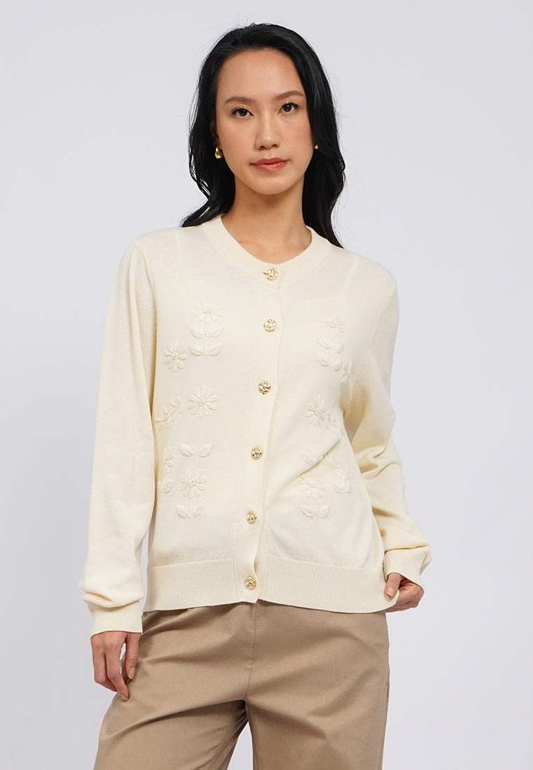 Embroidered Round Neck Cardigan