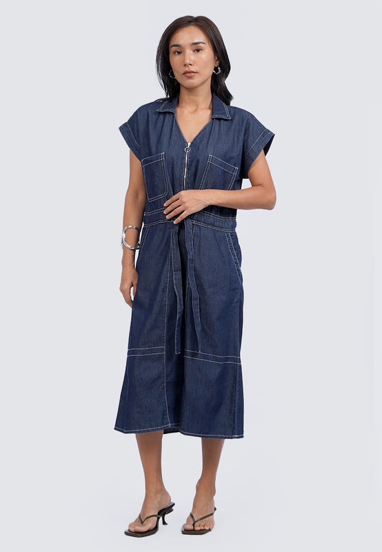 V-Neck Short Sleeve Midi Dress