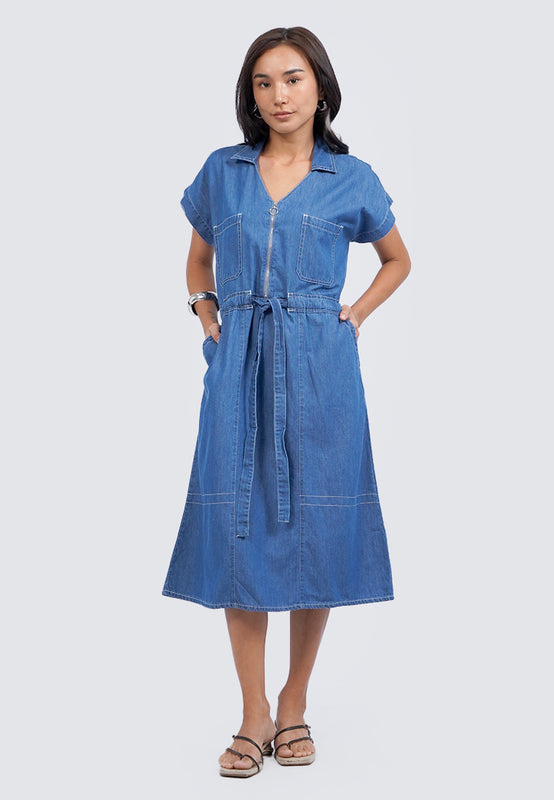 V-Neck Short Sleeve Midi Dress
