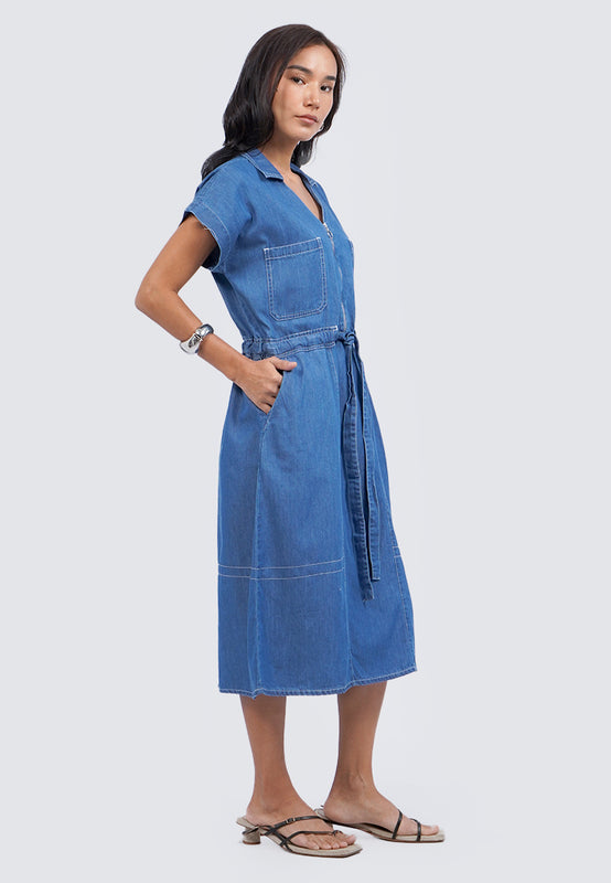 V-Neck Short Sleeve Midi Dress