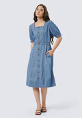 Puff Sleeves Denim Midi Dress