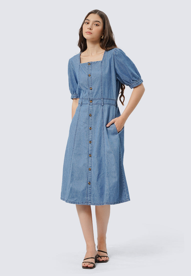 Puff Sleeves Denim Midi Dress