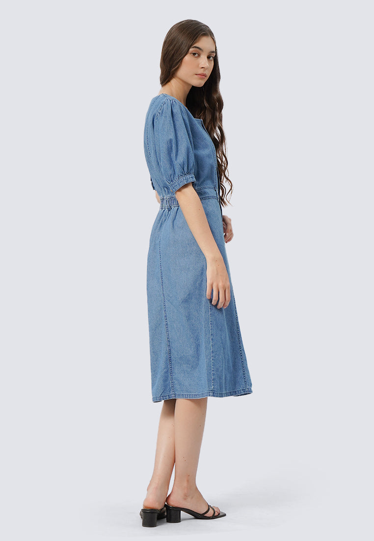 Puff Sleeves Denim Midi Dress