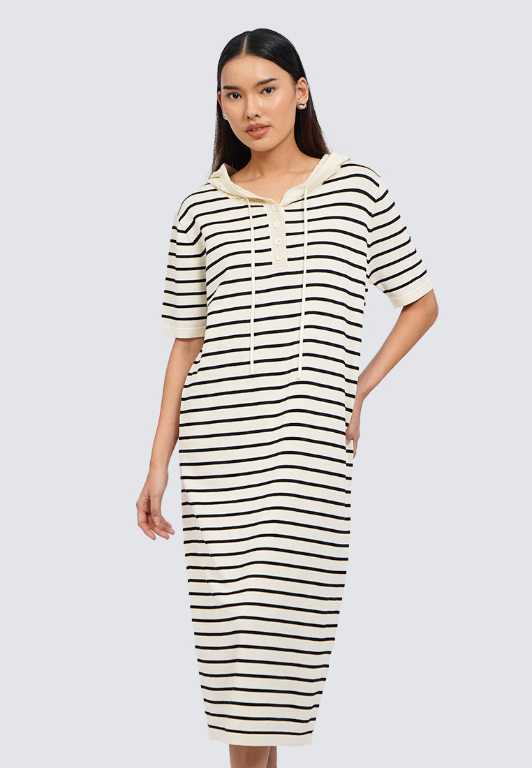 Hooded Short Sleeve Stripe Midi Dress