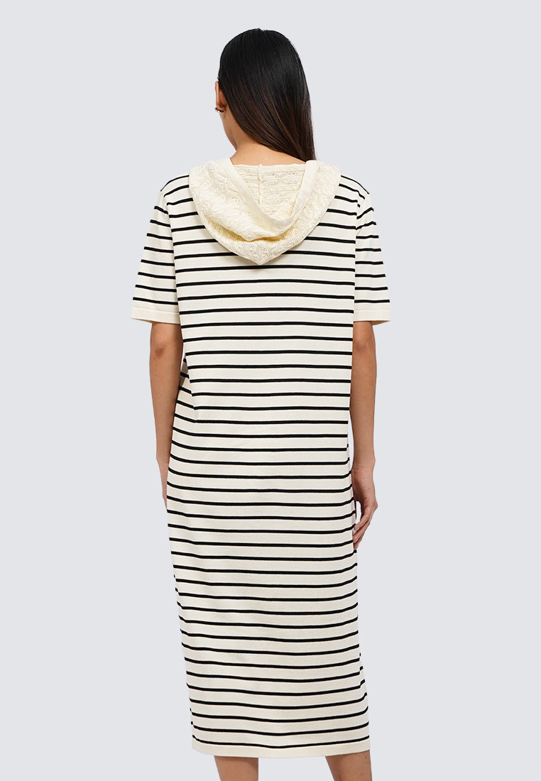 Hooded Short Sleeve Stripe Midi Dress