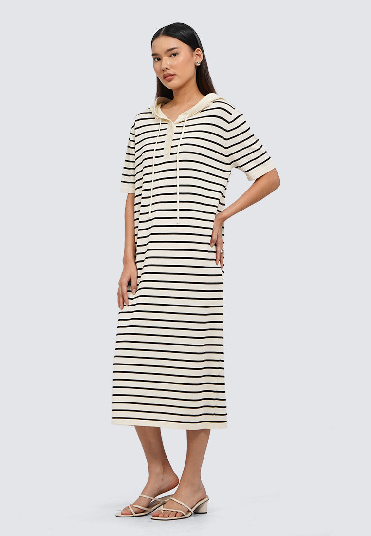Hooded Short Sleeve Stripe Midi Dress