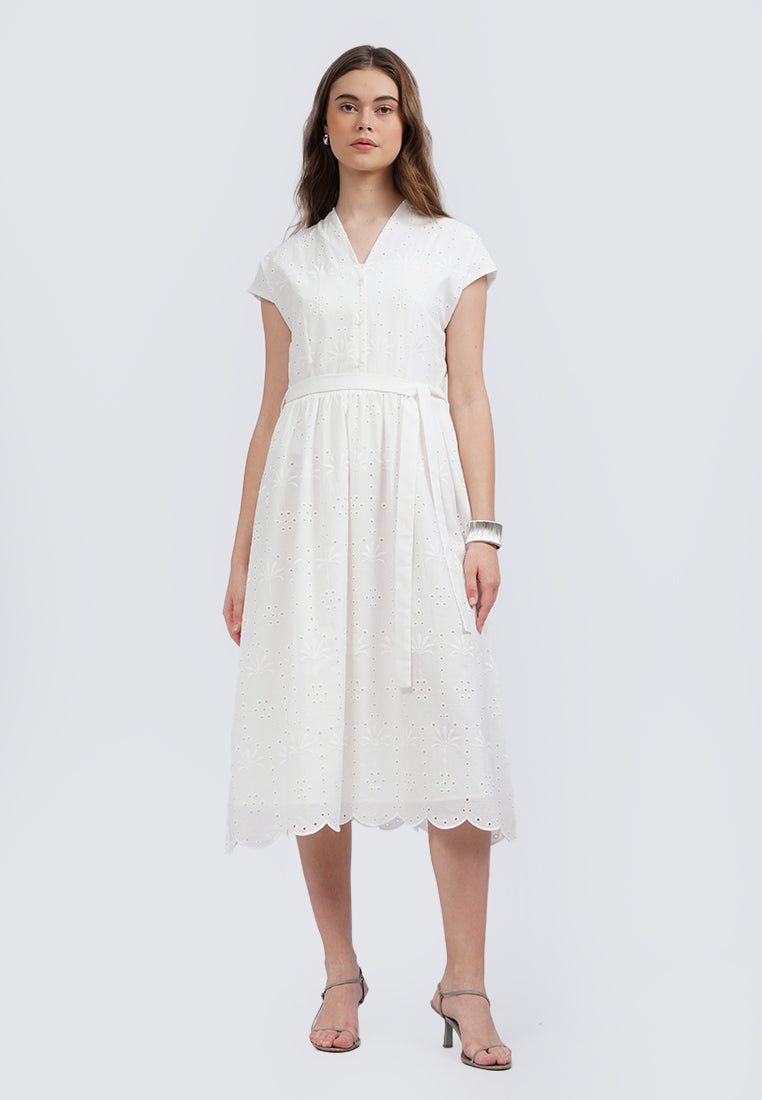 Short Sleeves Eyelet Midi Dress