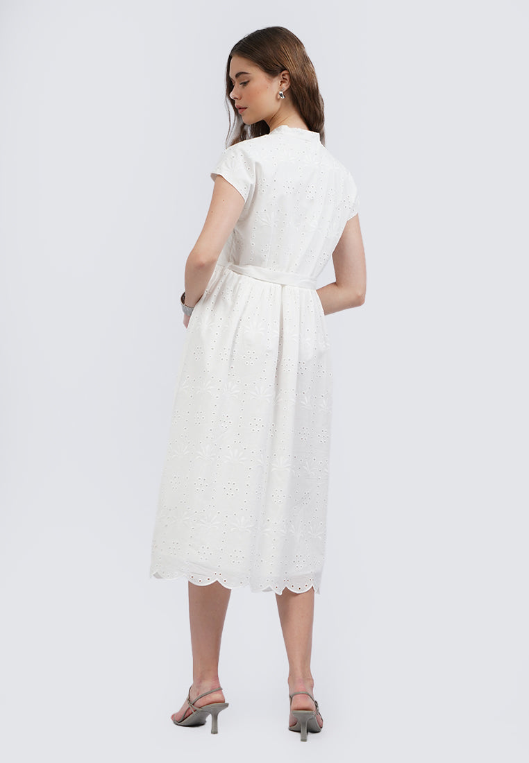 Short Sleeves Eyelet Midi Dress