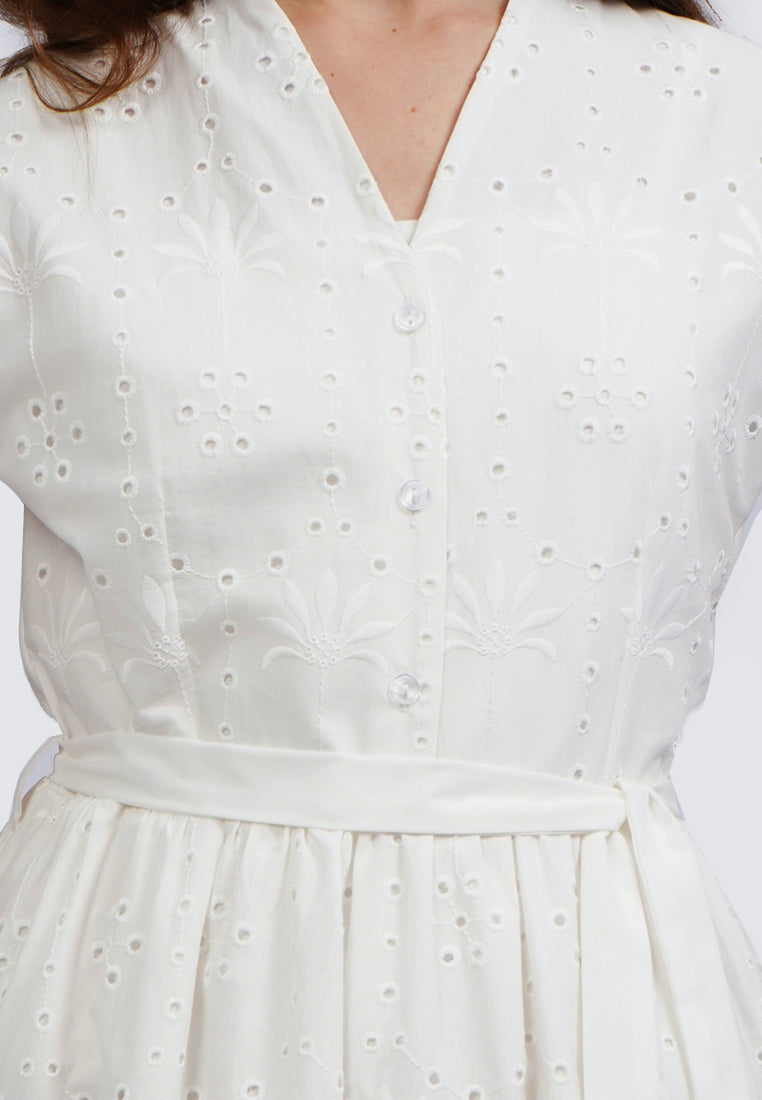 Short Sleeves Eyelet Midi Dress