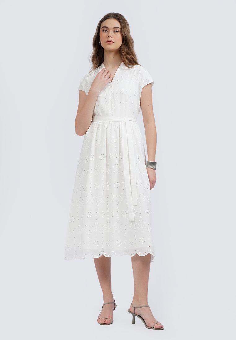 Short Sleeves Eyelet Midi Dress