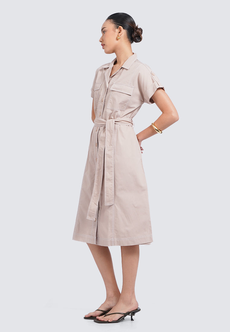 Belted Midi Dress with Double Pocket