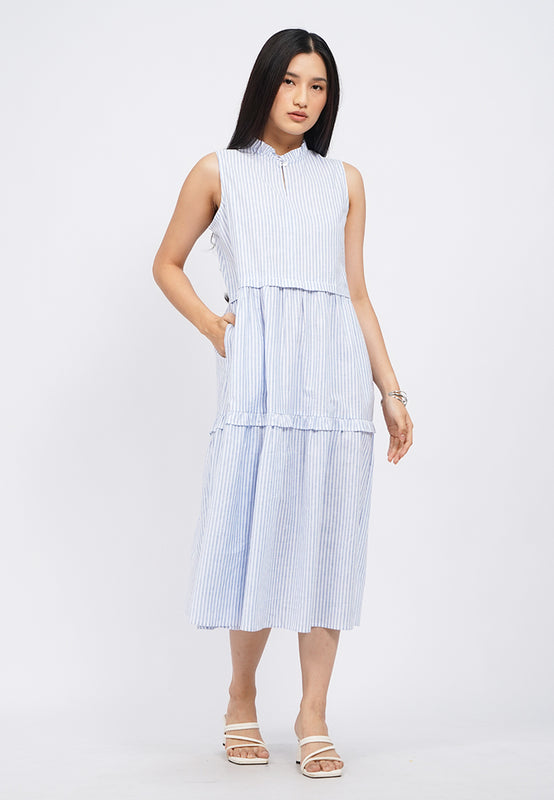 Sleeveless Tiered Stripes Midi Dress