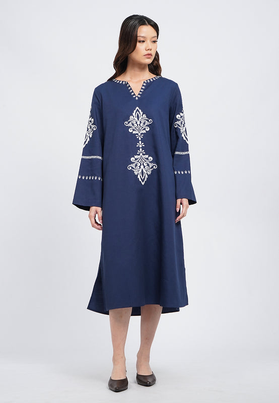 V-Neck Contrast Embroidery Midi Dress