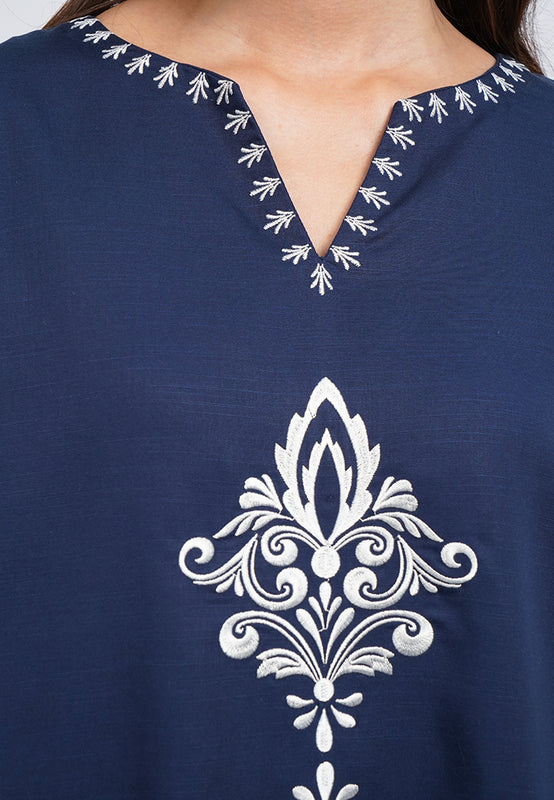 V-Neck Contrast Embroidery Midi Dress