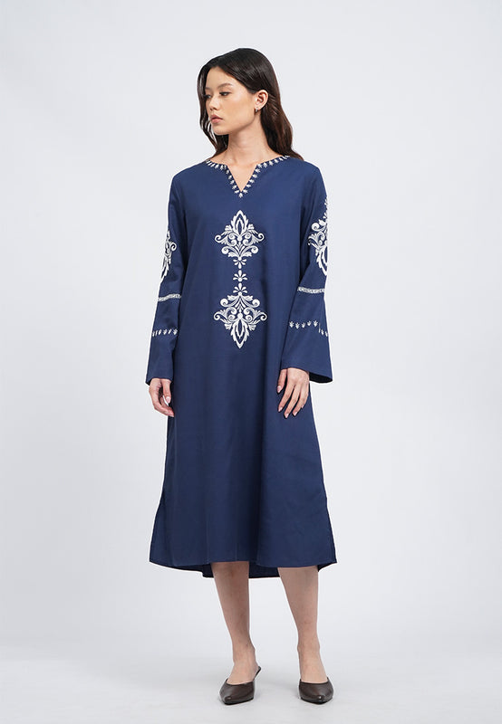 V-Neck Contrast Embroidery Midi Dress