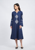 V-Neck Contrast Embroidery Midi Dress