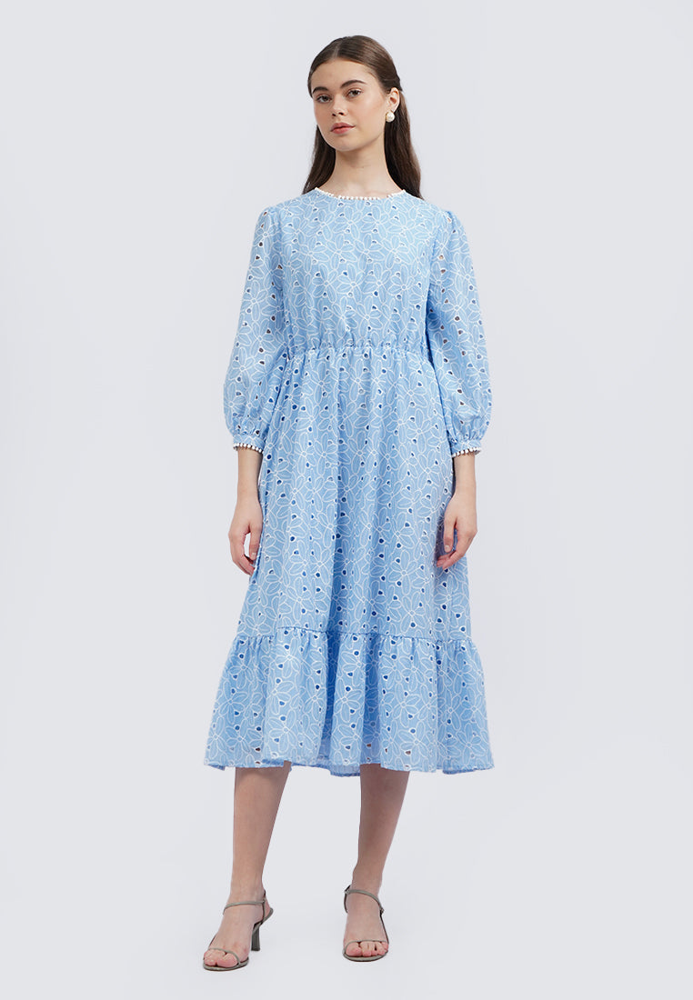 Puff Sleeves Eyelet Tiered Maxi Dress