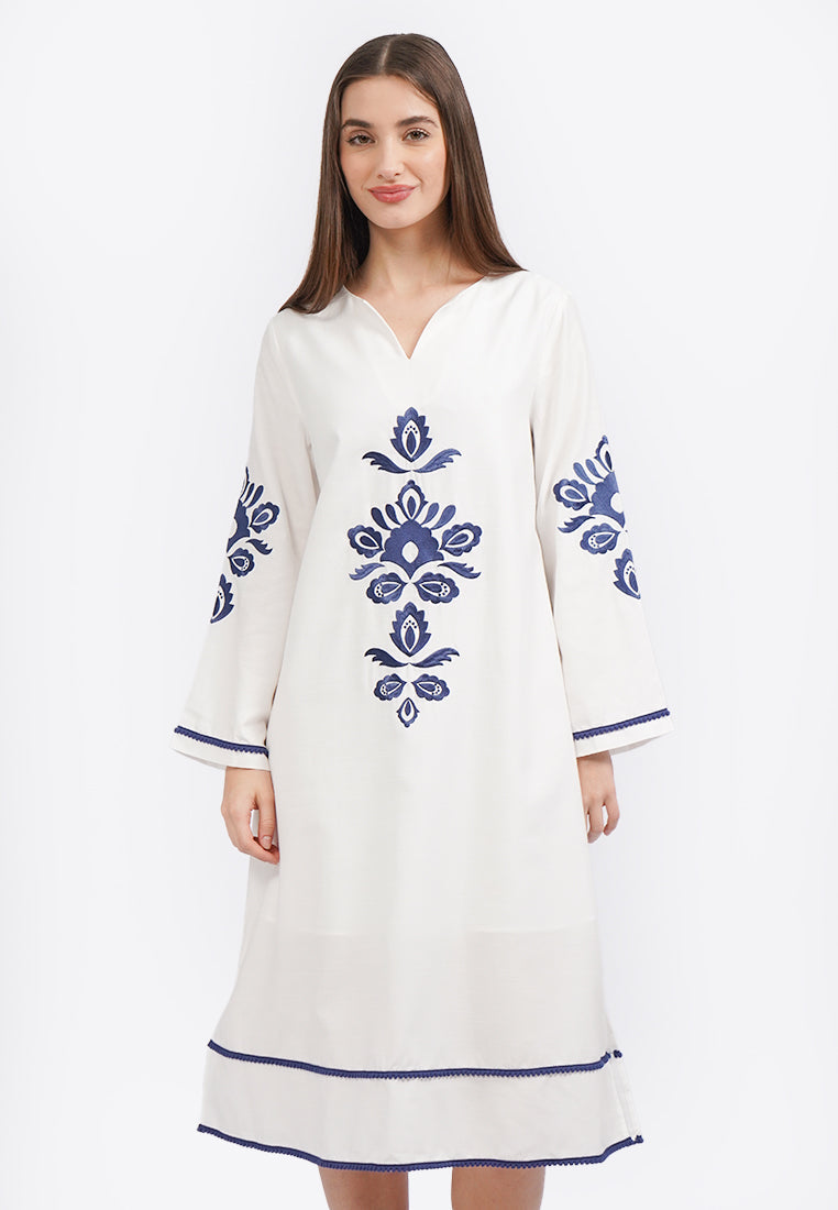Embroidered V-Neck Midi Dress