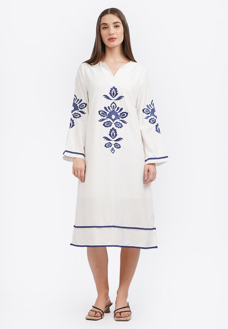 Embroidered V-Neck Midi Dress