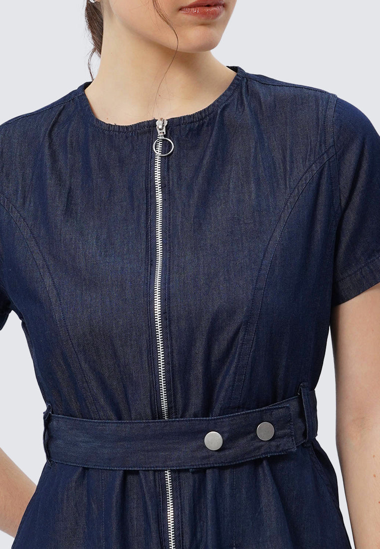 Short Sleeve Denim Dress with Zipper