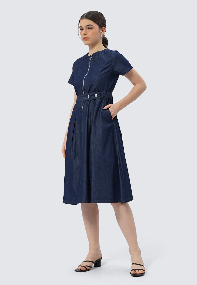 Short Sleeve Denim Dress with Zipper