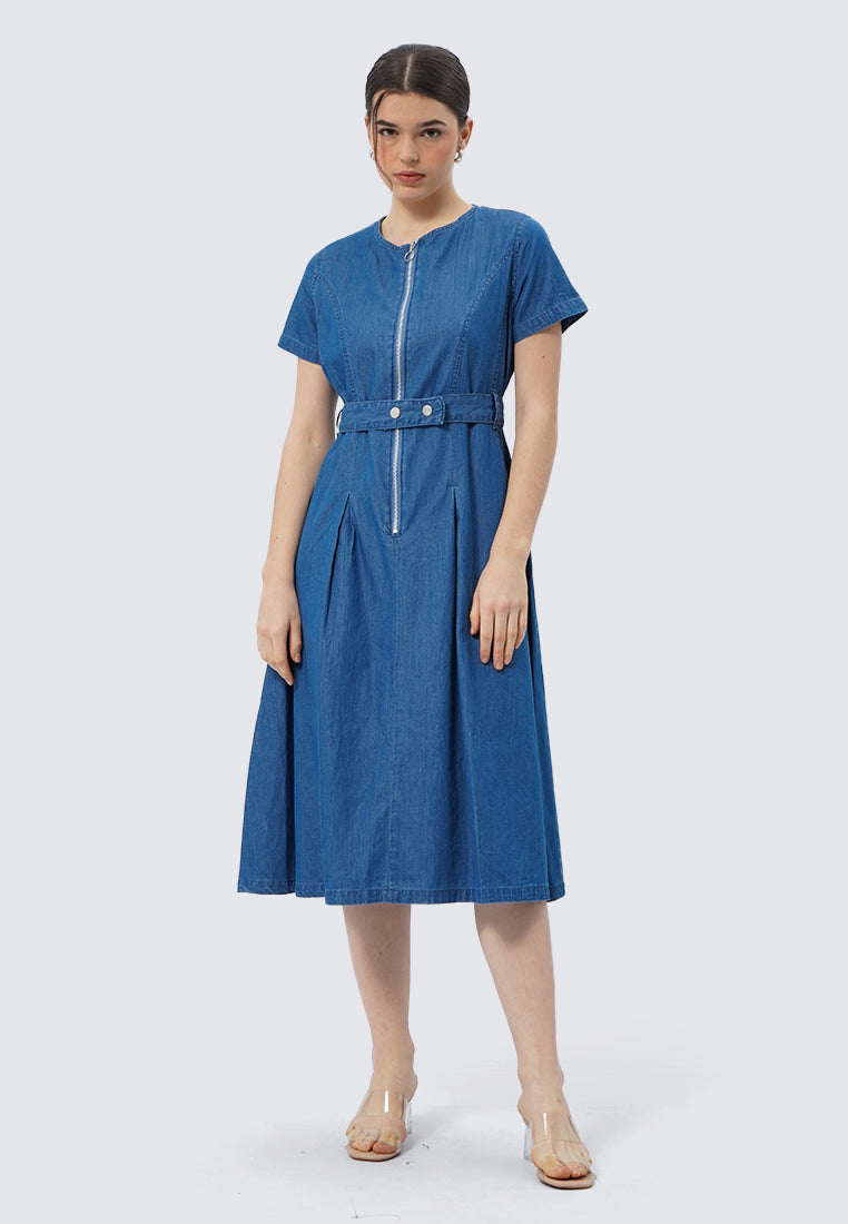 Short Sleeve Denim Dress with Zipper