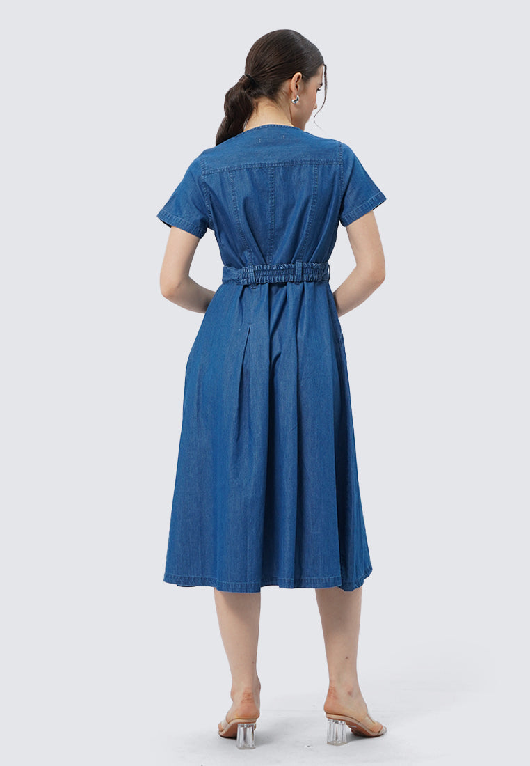 Short Sleeve Denim Dress with Zipper