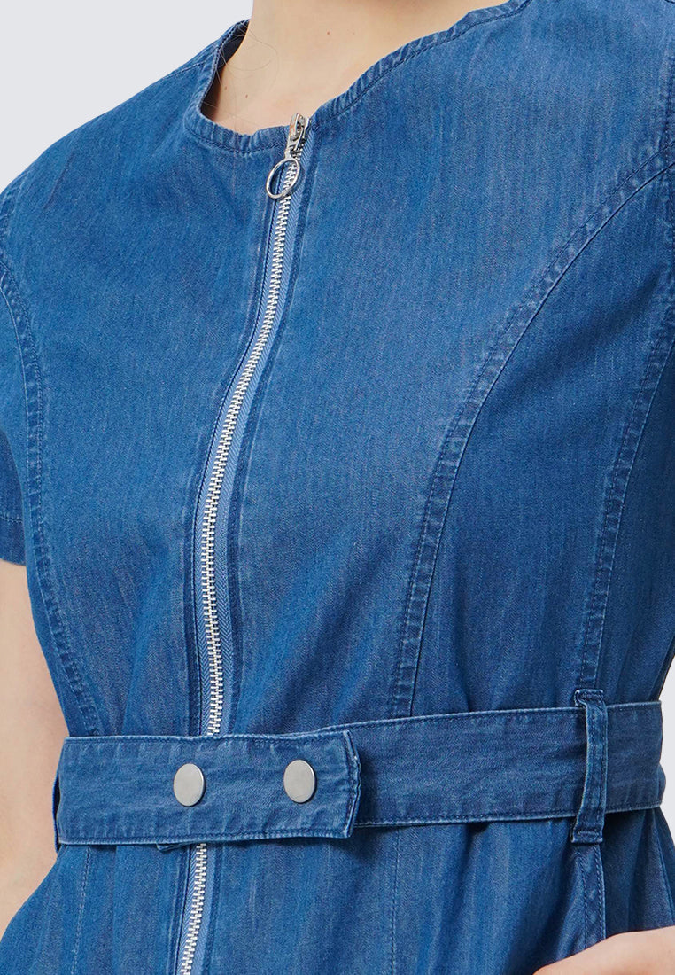 Short Sleeve Denim Dress with Zipper