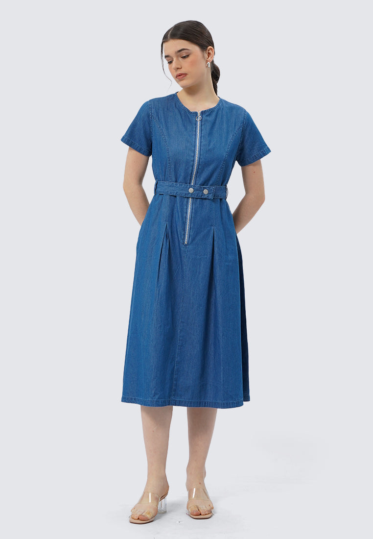 Short Sleeve Denim Dress with Zipper