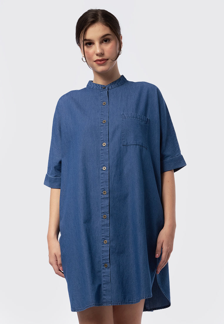 Mandarin Collar Denim Mini Dress