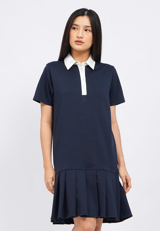 Contrast Collar Pleated Mini Dress
